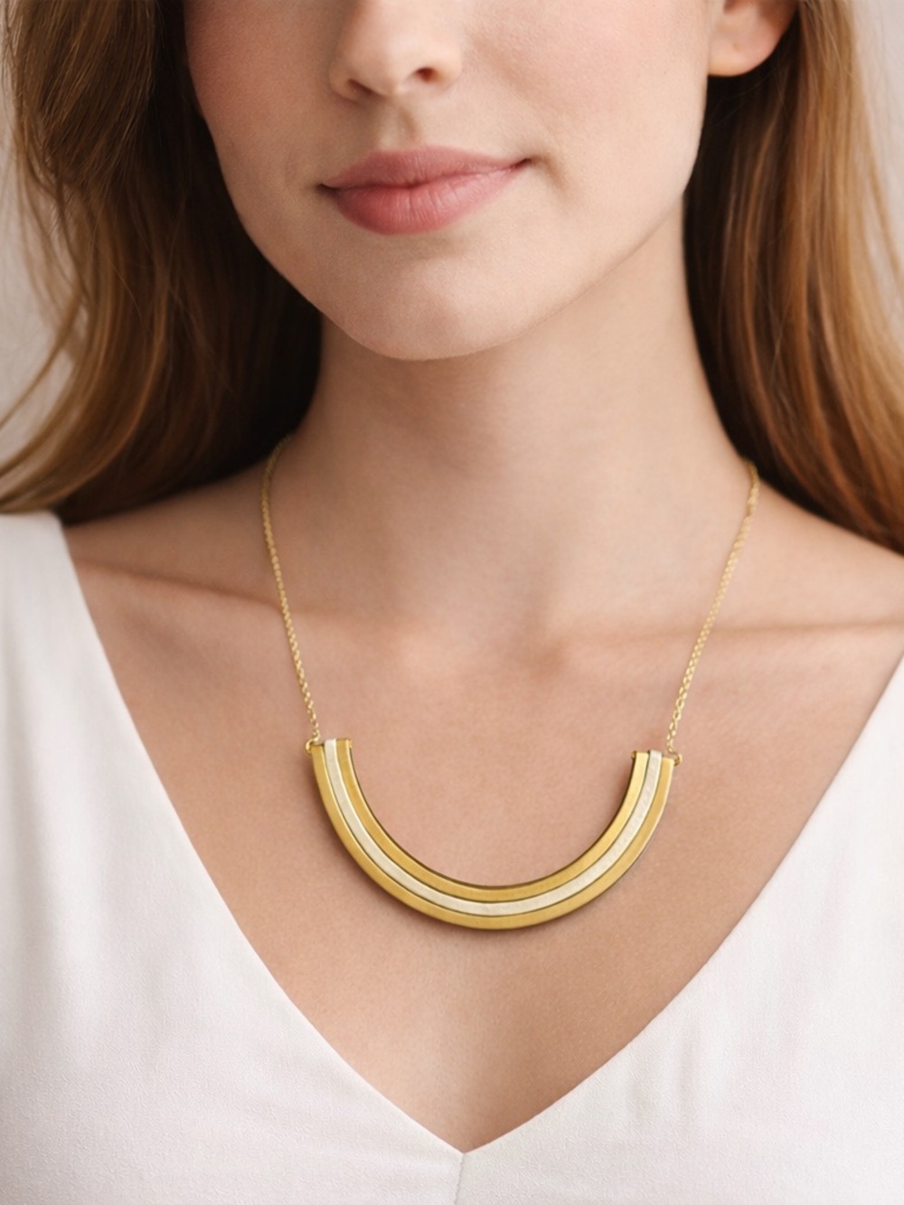 👉 Gold & Silver Two-Tone Curved Bar Necklace Minimalist Layering Jewelry